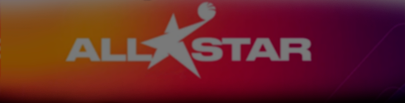 На изображении логотип со словом ALLSTAR, где вместо буквы S изображена звезда с вытянутым лучом и стилизованной рукой, создающей динамичную композицию. Фон градиентный, с плавными переходами от желтого к фиолетовому